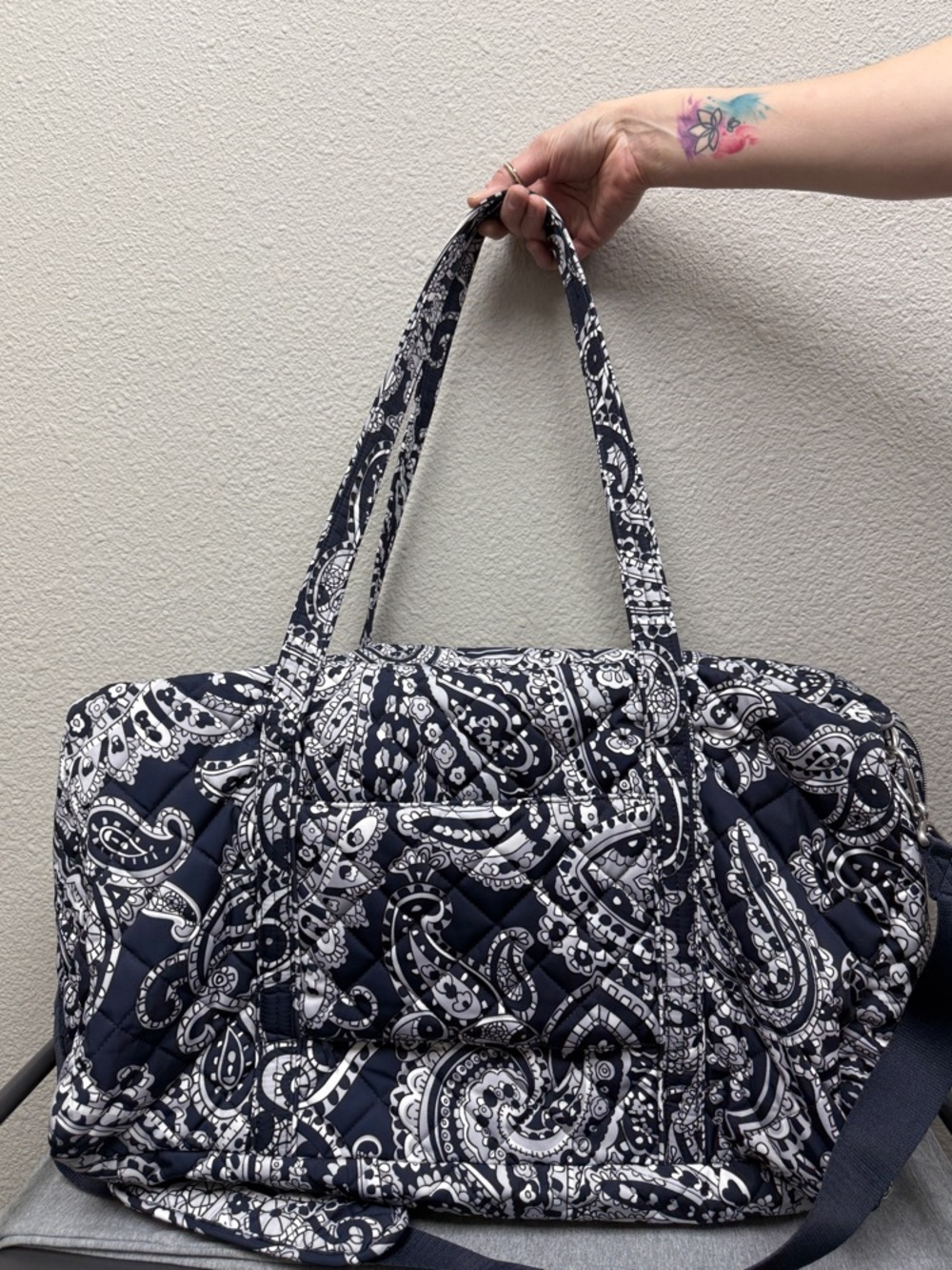 Vera Bradley Navy and White Quilted Paisley Travel Duffel Tote Bag